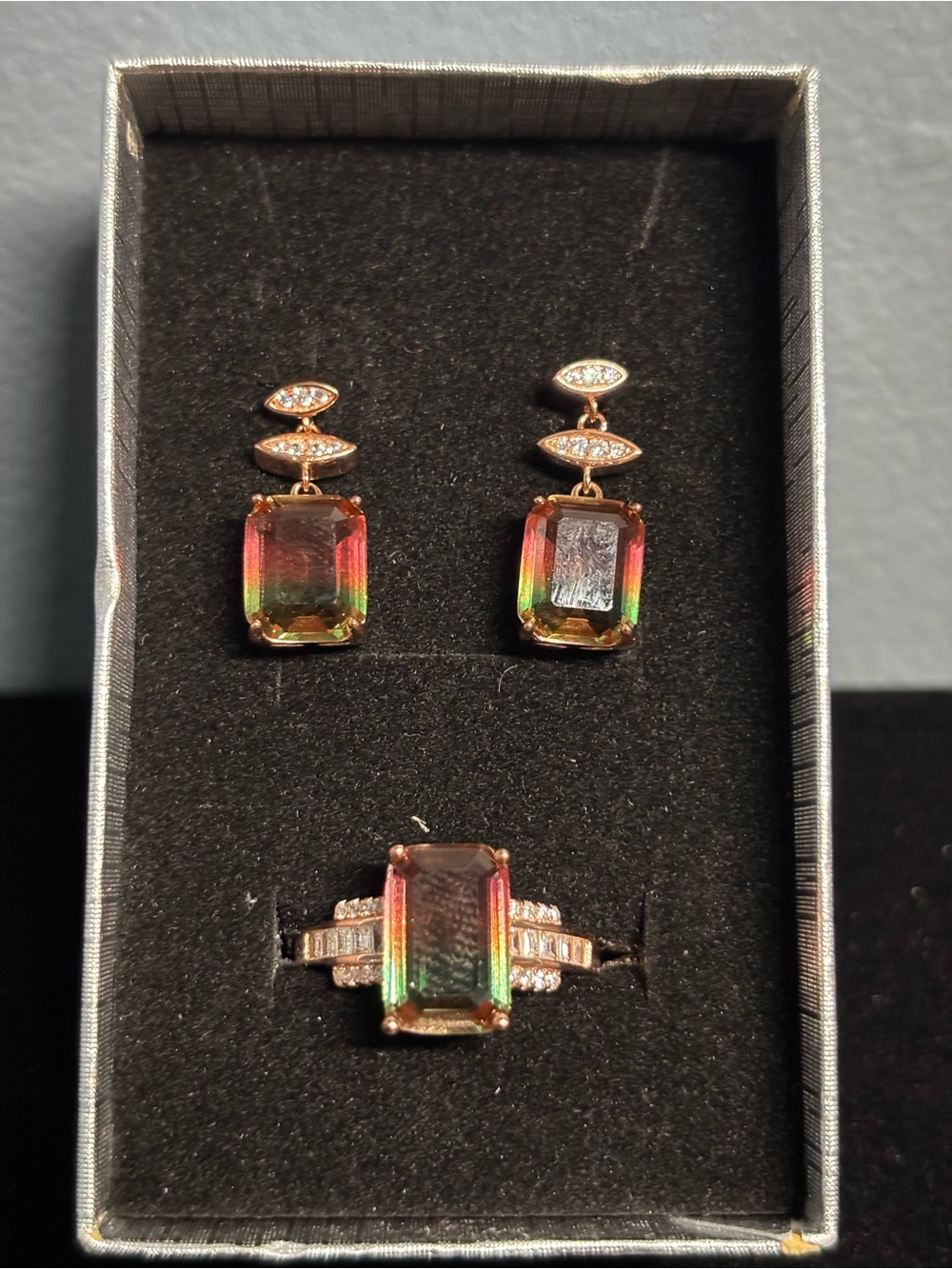 925 Sterling Silver Tourmaline and CZ Drop Earrings and Ring Set